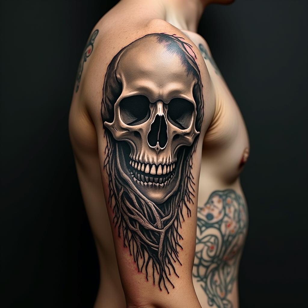 H.P. Lovecraftian horror, , number 8 symbolism in horror tattoo style, showcasing haunting and unsettling, dark and gritty textures with skulls, eerie faces, jgged designs, bold and intense shading - Variation 4