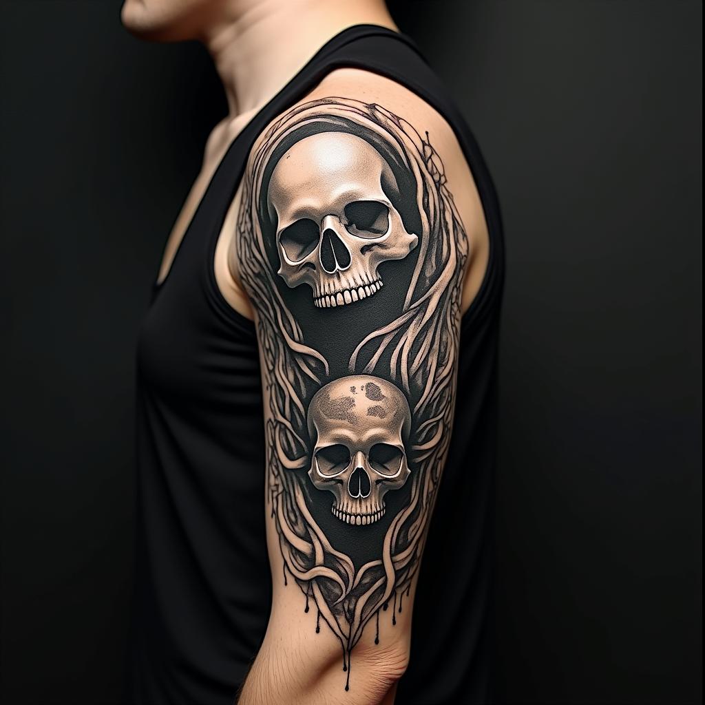 H.P. Lovecraftian horror,  , number 8 symbolism in horror tattoo style, showcasing haunting and unsettling, dark and gritty textures with skulls, eerie faces, jgged designs, bold and intense shading