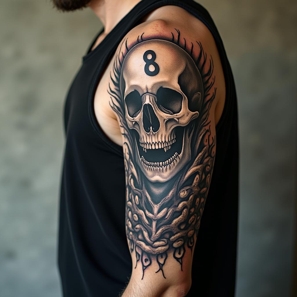 H.P. Lovecraftian horror, , number 8 symbolism in horror tattoo style, showcasing haunting and unsettling, dark and gritty textures with skulls, eerie faces, jgged designs, bold and intense shading - Variation 3
