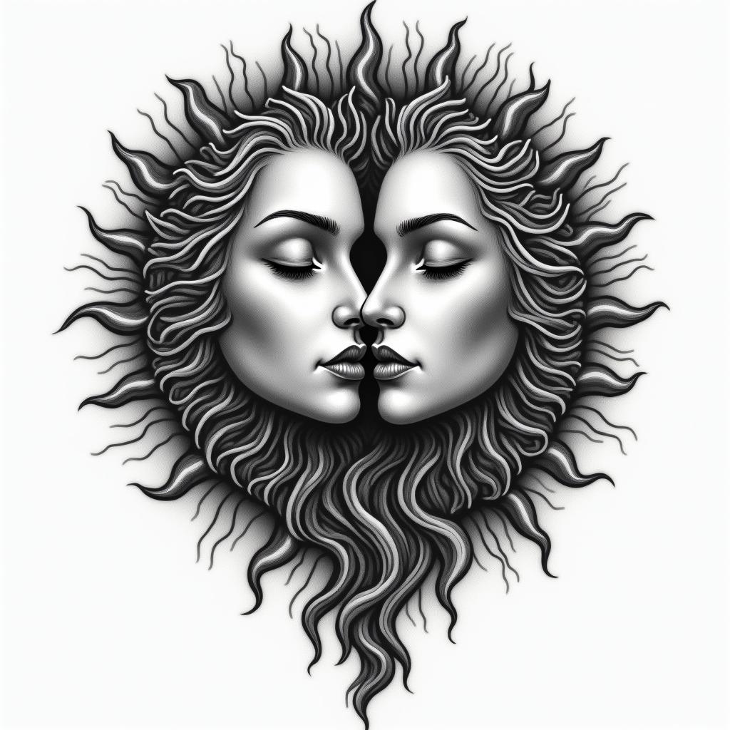 Sun and moon intertwined, glowingin portrait tattoo style, featuring a highly realistic and detailed depiction  - Variation 5