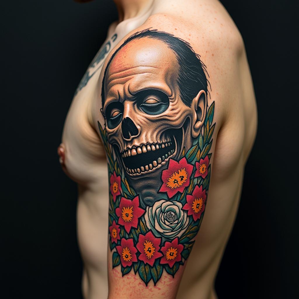 H.P. Lovecraftian horror,in pop art style tattoo, featuring bold and vibrant colors, exaggerated outlines, iconic imagery, inspired by comic books and speech bubbles, comic book characters, retro pop culture - Variation 2