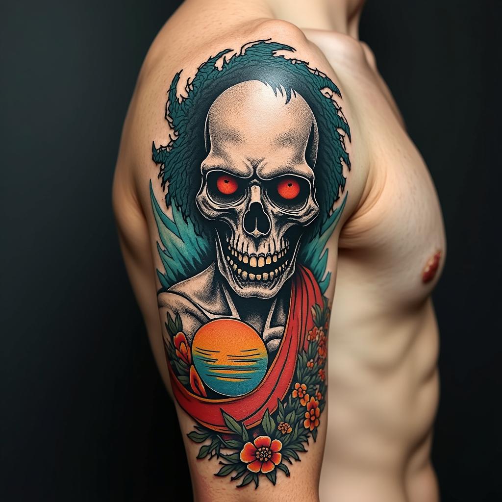 H.P. Lovecraftian horror,in pop art style tattoo, featuring bold and vibrant colors, exaggerated outlines, iconic imagery, inspired by comic books and speech bubbles, comic book characters, retro pop culture