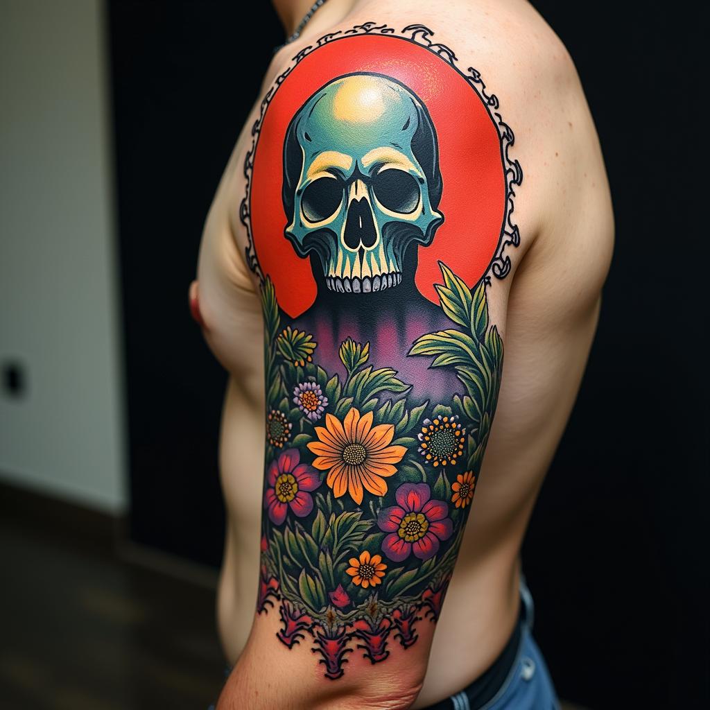 H.P. Lovecraftian horror,in pop art style tattoo, featuring bold and vibrant colors, exaggerated outlines, iconic imagery, inspired by comic books and speech bubbles, comic book characters, retro pop culture - Variation 4