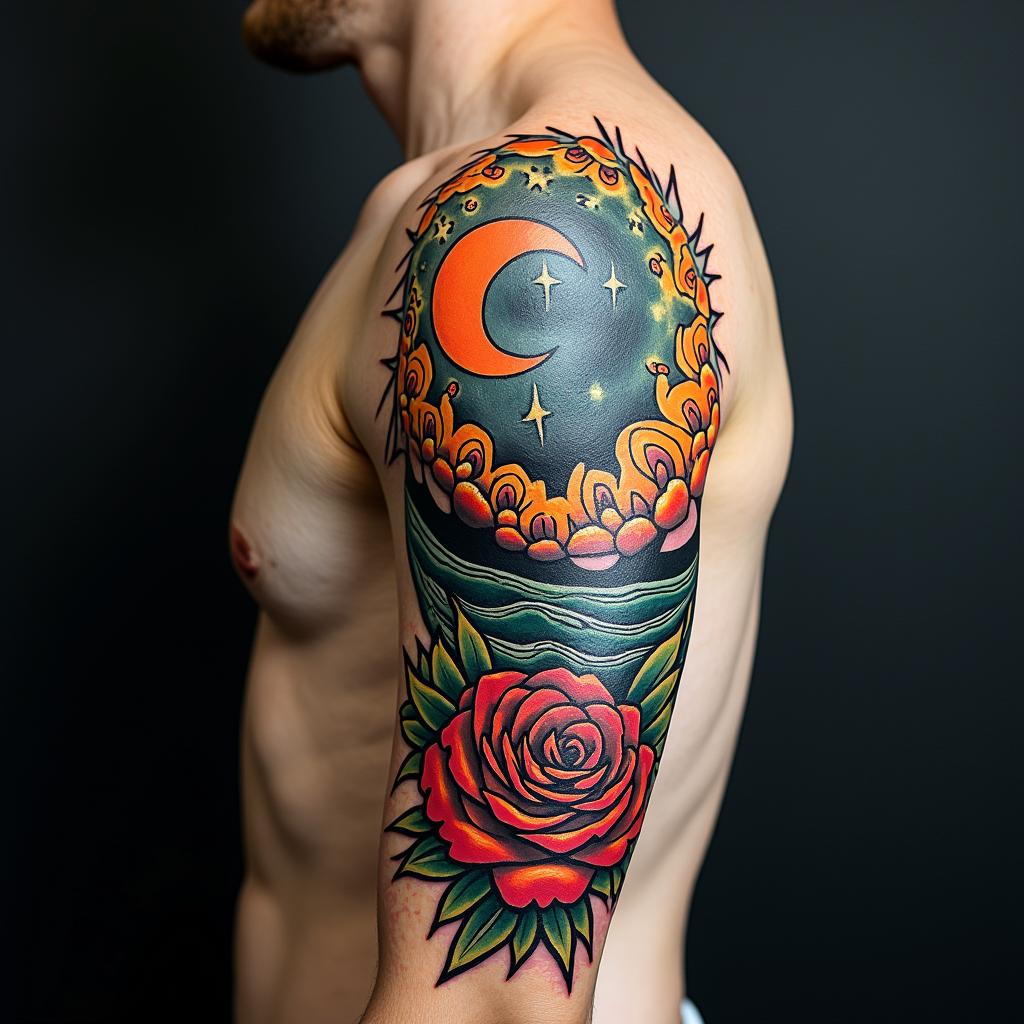 H.P. Lovecraftian horror,in pop art style tattoo, featuring bold and vibrant colors, exaggerated outlines, iconic imagery, inspired by comic books and speech bubbles, comic book characters, retro pop culture - Variation 3