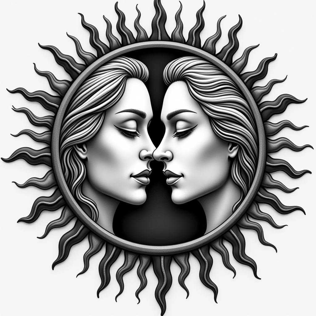 Sun and moon intertwined, glowingin portrait tattoo style, featuring a highly realistic and detailed depiction  - Variation 2