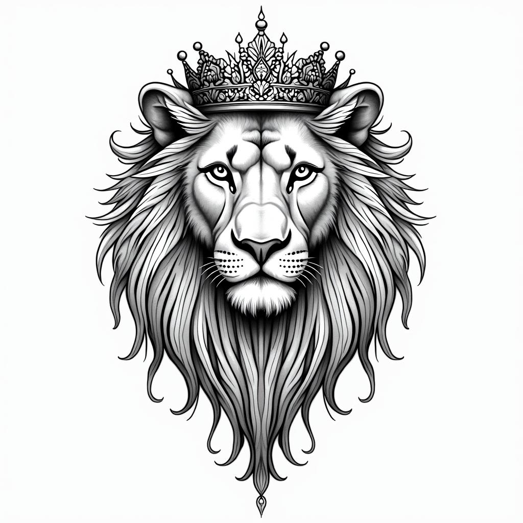 Lioness with crown on headin dotwork style tattoo, complex mandala patterns, interlocking geometric shapes with sharp symmetry, clean lines, sharp angles - Variation 6