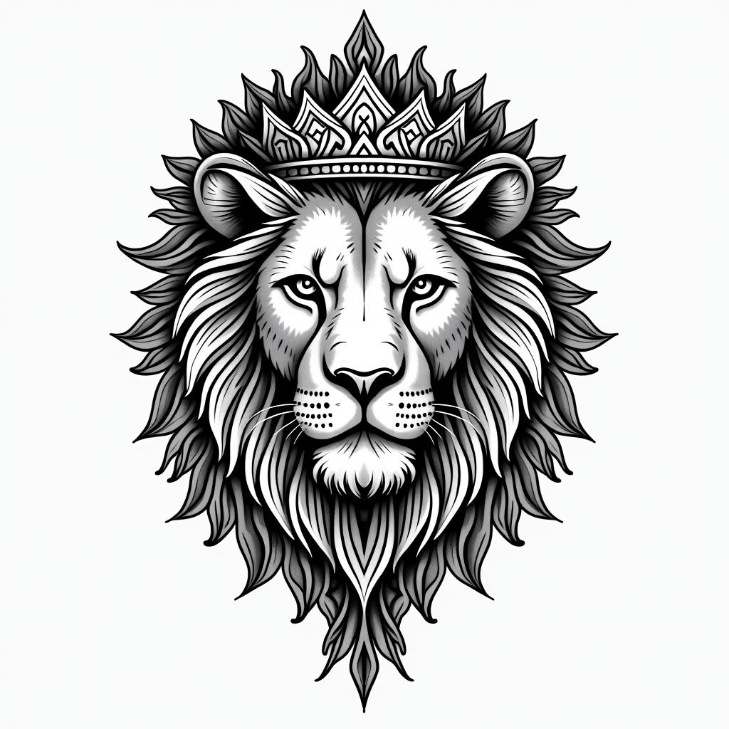 Lioness with crown on headin dotwork style tattoo, complex mandala patterns, interlocking geometric shapes with sharp symmetry, clean lines, sharp angles - Variation 5