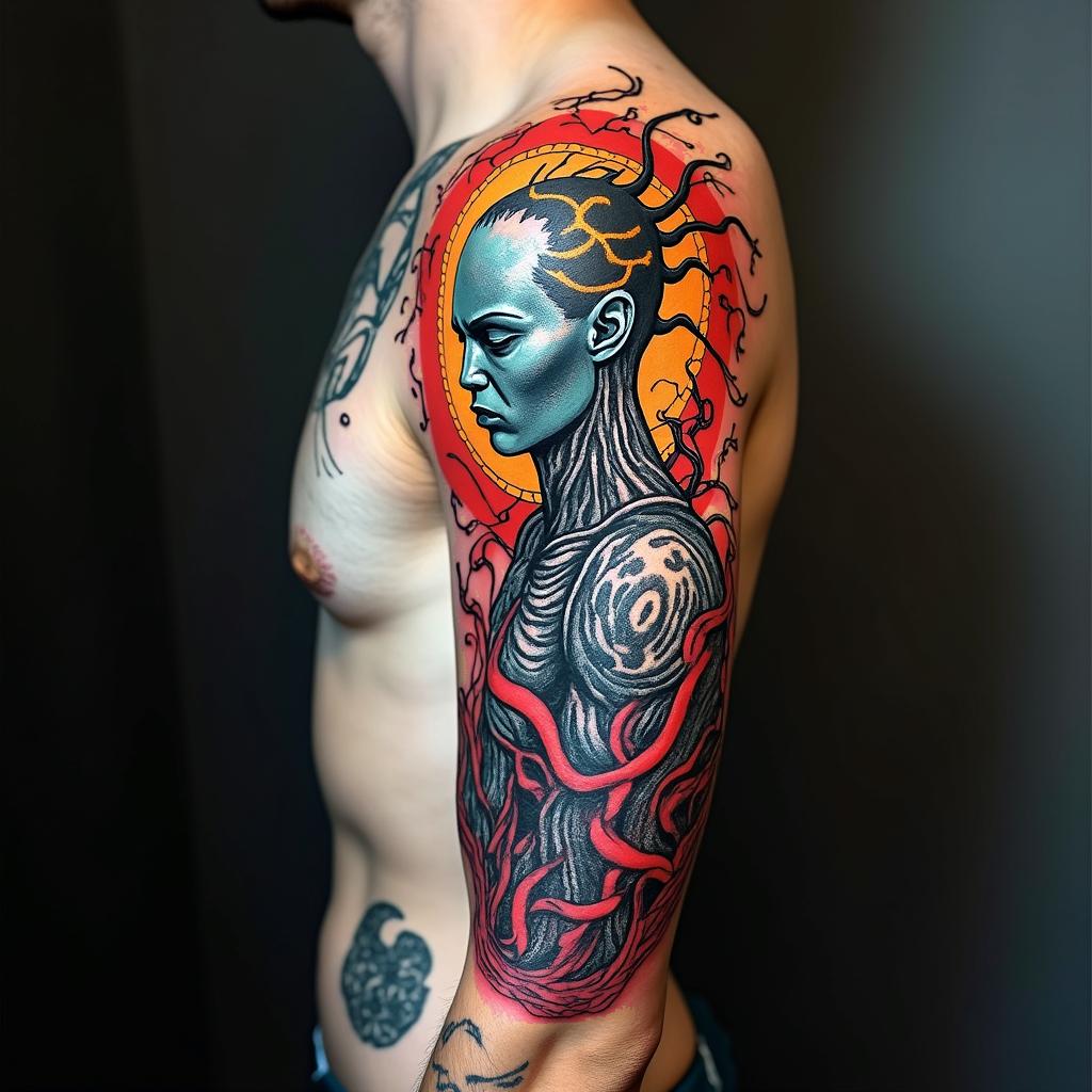 Nyarlathotep the crawling chaosin pop art style tattoo, featuring bold and vibrant colors, exaggerated outlines, iconic imagery, inspired by comic books and speech bubbles, comic book characters, retro pop culture - Variation 2