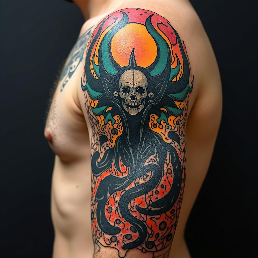 Nyarlathotep the crawling chaosin pop art style tattoo, featuring bold and vibrant colors, exaggerated outlines, iconic imagery, inspired by comic books and speech bubbles, comic book characters, retro pop culture - Variation 3