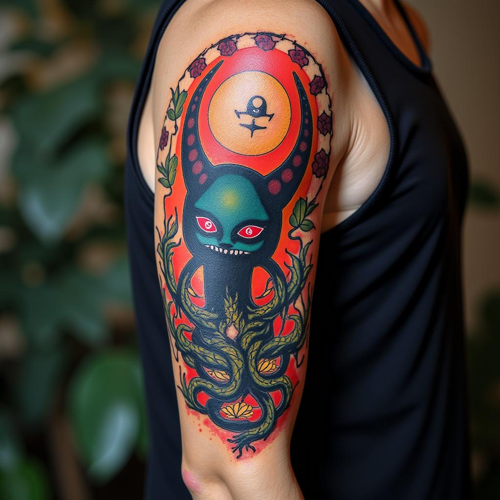 Nyarlathotep the crawling chaosin pop art style tattoo, featuring bold and vibrant colors, exaggerated outlines, iconic imagery, inspired by comic books and speech bubbles, comic book characters, retro pop culture - Variation 4