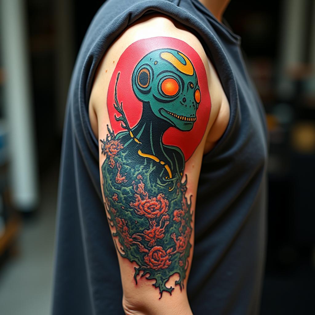 Nyarlathotep the crawling chaosin pop art style tattoo, featuring bold and vibrant colors, exaggerated outlines, iconic imagery, inspired by comic books and speech bubbles, comic book characters, retro pop culture