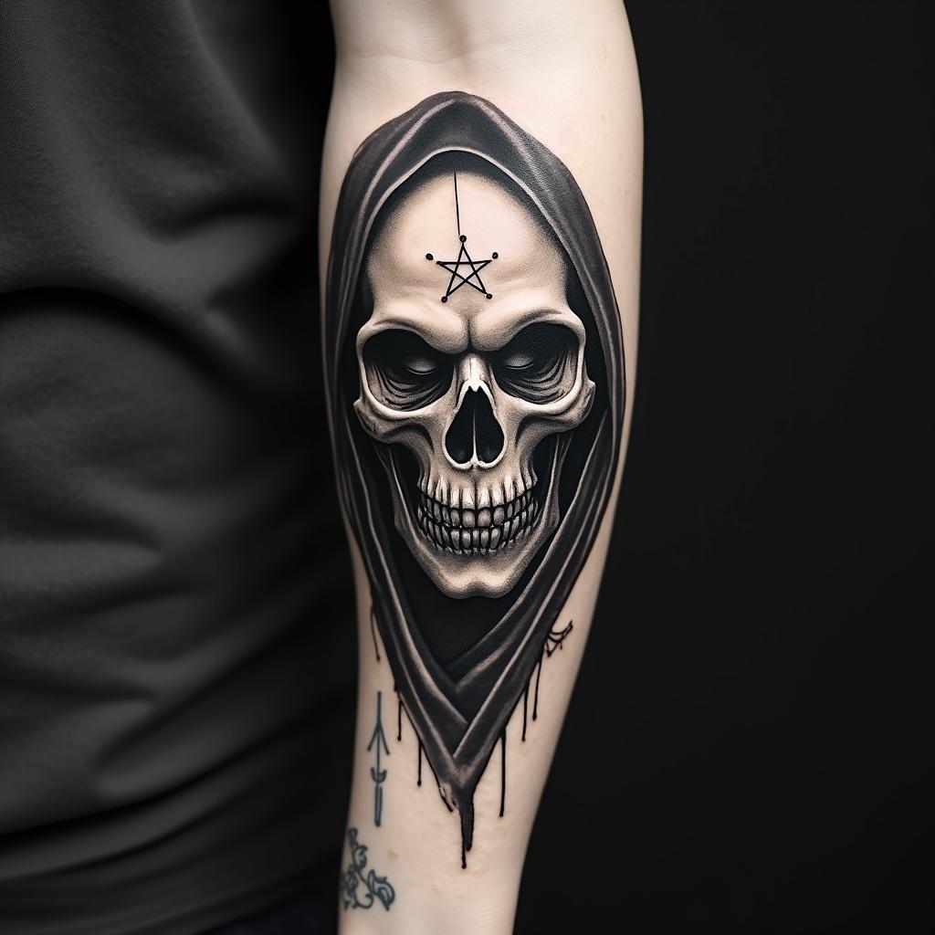 Forearm tattoo, Grim Reaper shushing black and grey, Realisticcreepy horror tattoo style, featuring an eerie and unsettling skull of a demonic creature, distorted face with sharp fangs, add pentagram symbol - Variation 7