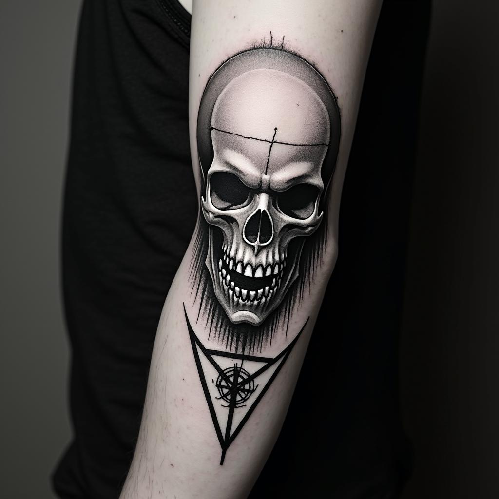 Forearm tattoo, Grim Reaper shushing black and grey, Realisticcreepy horror tattoo style, featuring an eerie and unsettling skull of a demonic creature, distorted face with sharp fangs, add pentagram symbol - Variation 5
