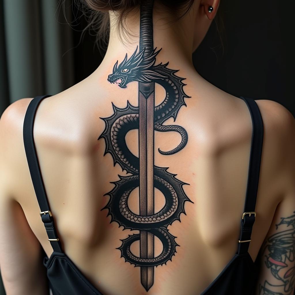 Majestic dragon coiled around a swordtext-based tattoo, gothic font ultra-realistic, perfectly placed, high-quality font design, photo-realistic shading, 8k, high quality, finely detailed typography - Variation 6