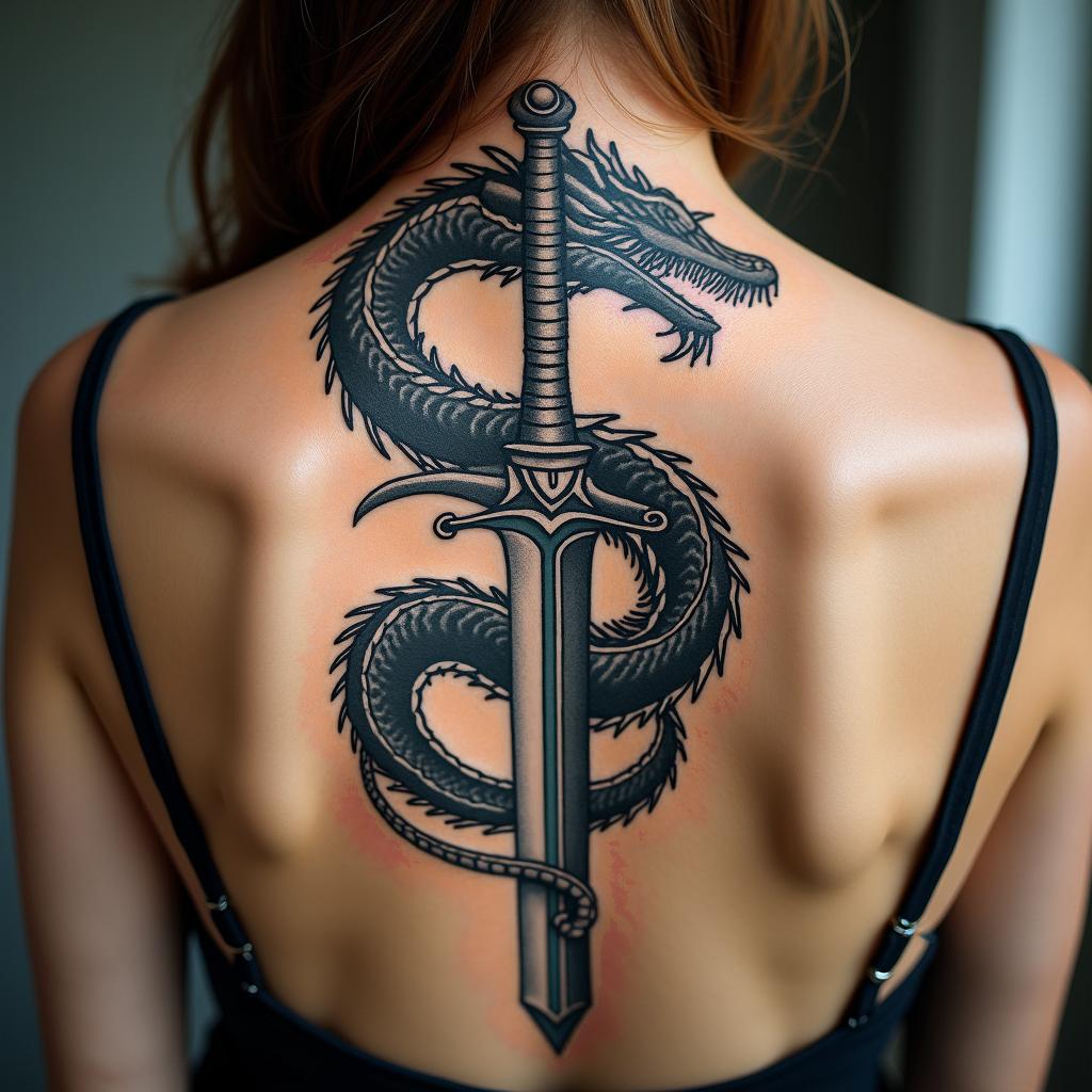 Majestic dragon coiled around a swordtext-based tattoo, gothic font ultra-realistic, perfectly placed, high-quality font design, photo-realistic shading, 8k, high quality, finely detailed typography - Variation 8