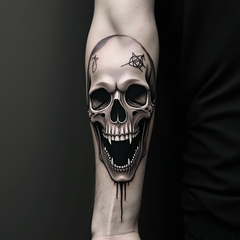 Forearm tattoo, Grim Reaper shushing black and grey, Realisticcreepy horror tattoo style, featuring an eerie and unsettling skull of a demonic creature, distorted face with sharp fangs, add pentagram symbol - Variation 3