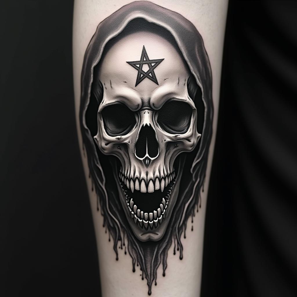 Forearm tattoo, Grim Reaper shushing black and grey, Realisticcreepy horror tattoo style, featuring an eerie and unsettling skull of a demonic creature, distorted face with sharp fangs, add pentagram symbol - Variation 2