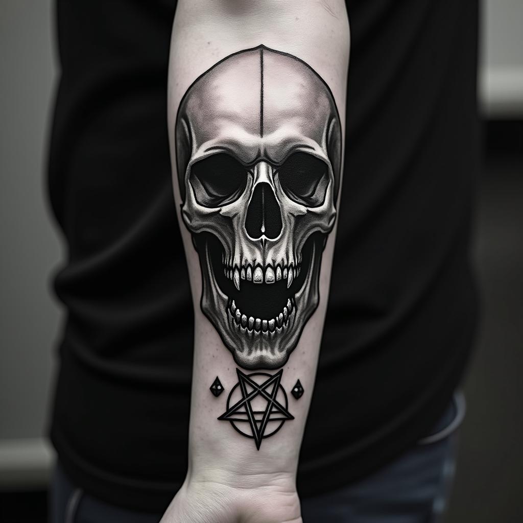 Forearm tattoo, Grim Reaper shushing black and grey, Realisticcreepy horror tattoo style, featuring an eerie and unsettling skull of a demonic creature, distorted face with sharp fangs, add pentagram symbol