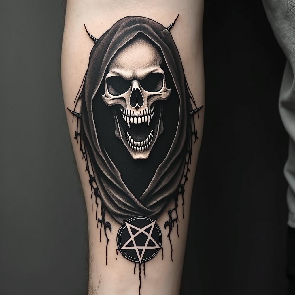 Forearm tattoo, Grim Reaper shushing black and grey, Realisticcreepy horror tattoo style, featuring an eerie and unsettling skull of a demonic creature, distorted face with sharp fangs, add pentagram symbol - Variation 4