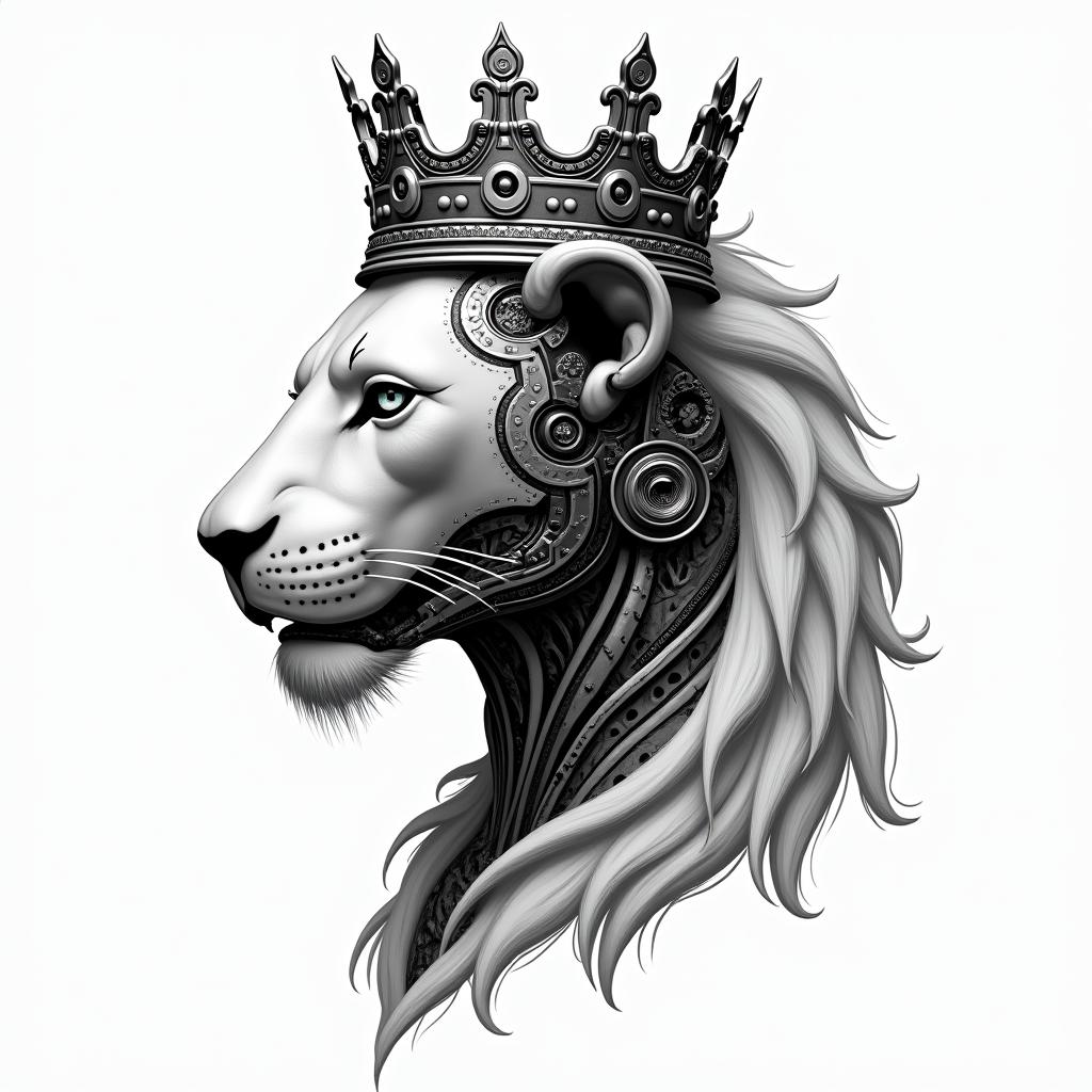 Lioness with crown on headtattoo in biomechanic style, the tattoo covered by robotic elements of futuristic cyberpunk design, robotic features detail, showcasing intricate mechanical components - Variation 7