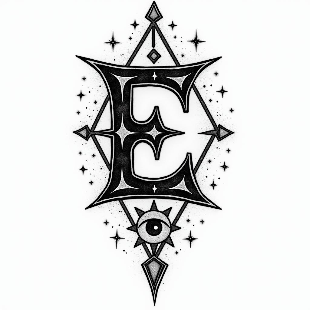 Initial Ein prophecy tattoo style, featuring mystical symbols, celestial imagery like stars, moons, suns, geometric patterns, foretelling elements, an eye of wisdom