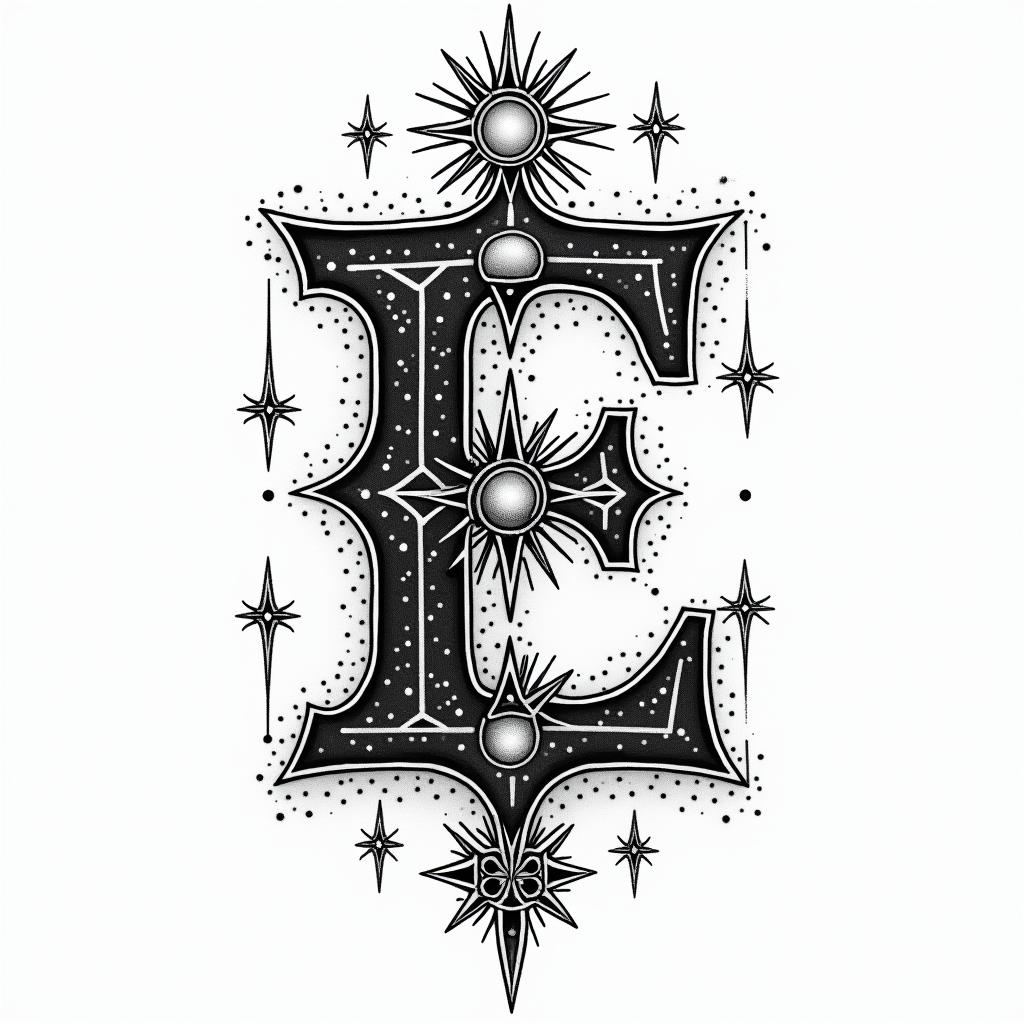 Initial Ein prophecy tattoo style, featuring mystical symbols, celestial imagery like stars, moons, suns, geometric patterns, foretelling elements, an eye of wisdom - Variation 2