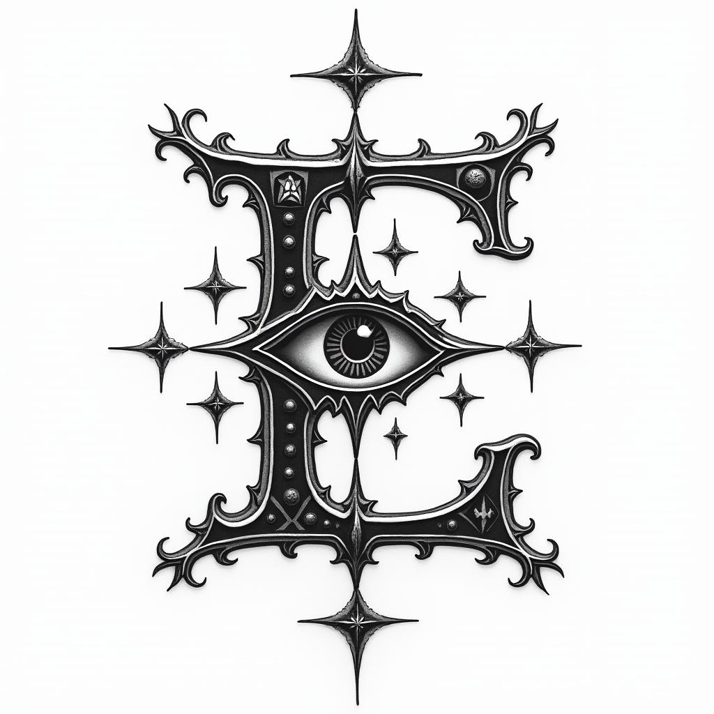 Initial Ein prophecy tattoo style, featuring mystical symbols, celestial imagery like stars, moons, suns, geometric patterns, foretelling elements, an eye of wisdom - Variation 3