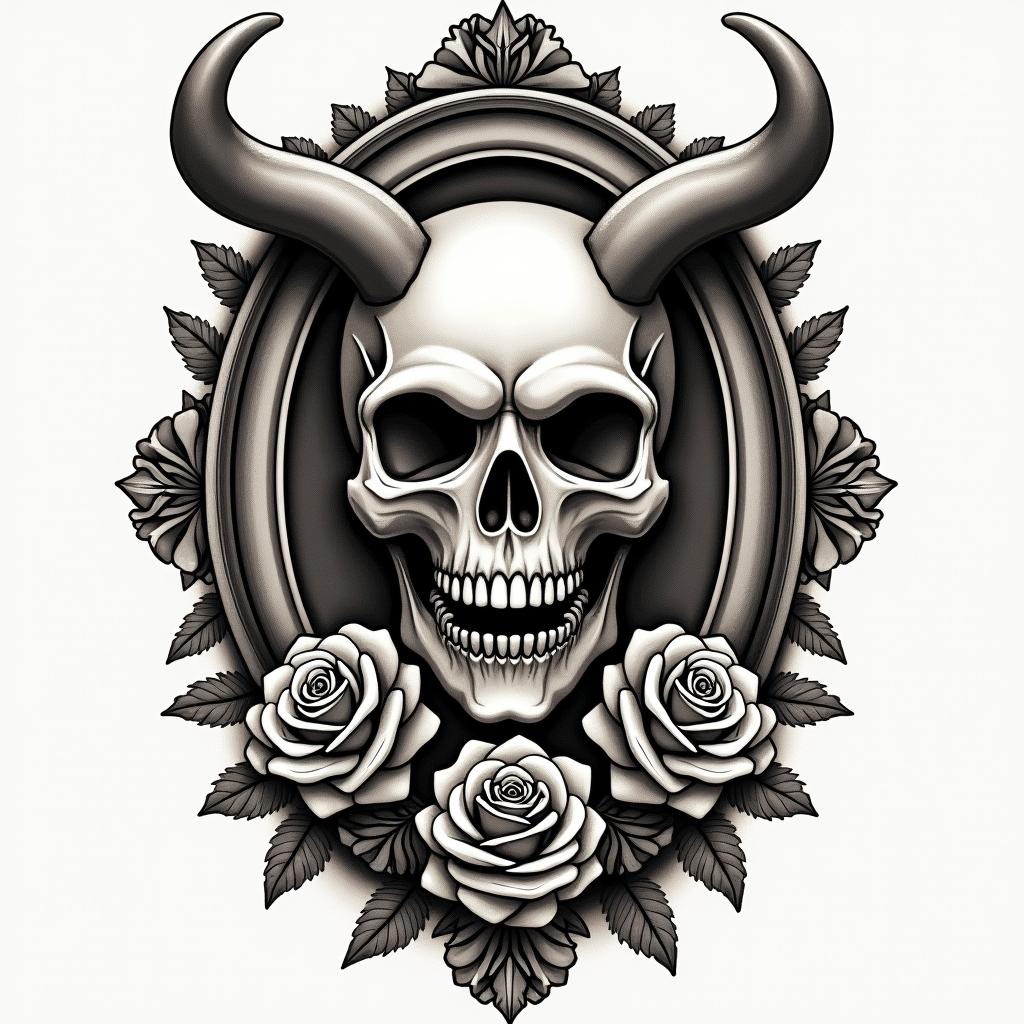 Mask skull beast lovein victorian style tattoo, featuring vintage and elegant elements, ornate frames, roses, antique, sepia-toned color scheme - Variation 3