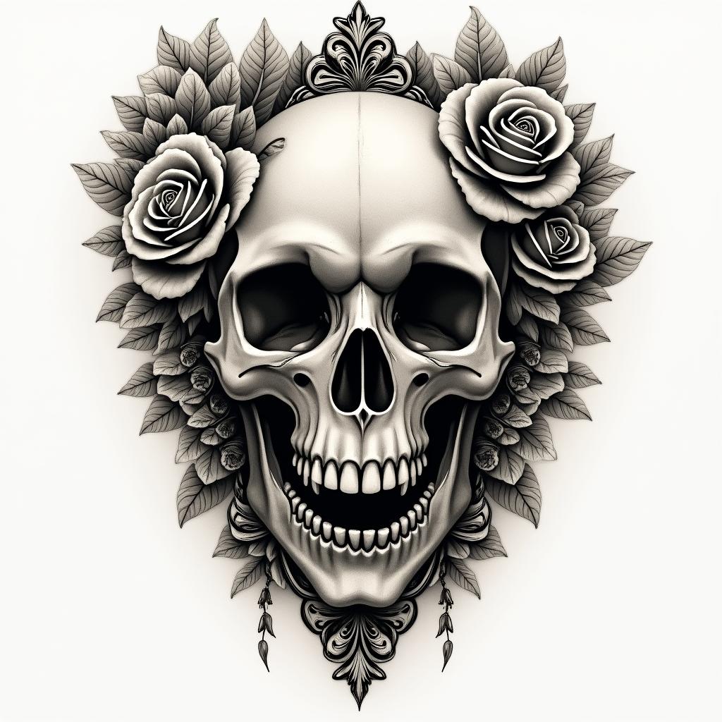 Mask skull beast lovein victorian style tattoo, featuring vintage and elegant elements, ornate frames, roses, antique, sepia-toned color scheme