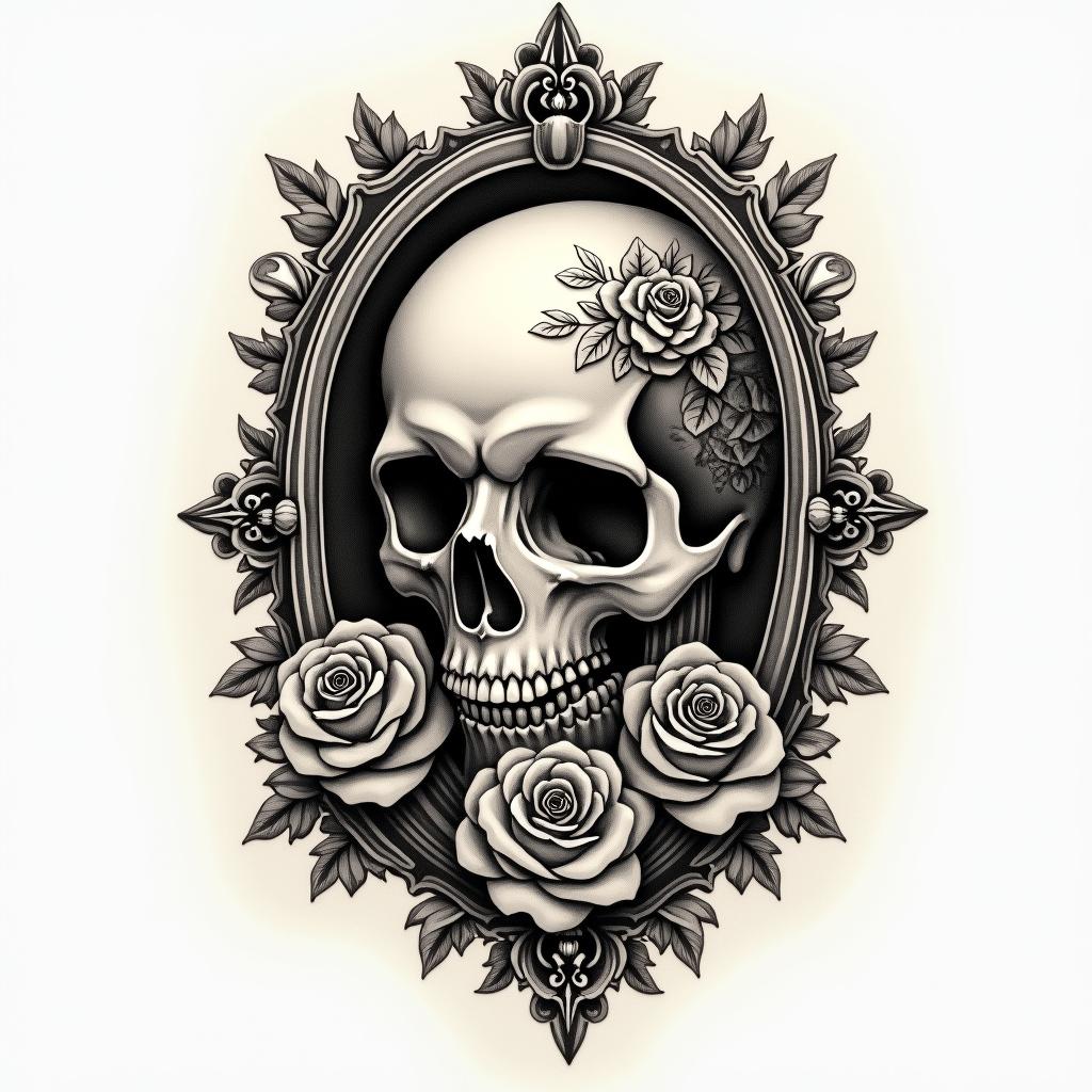 Mask skull beast lovein victorian style tattoo, featuring vintage and elegant elements, ornate frames, roses, antique, sepia-toned color scheme - Variation 4