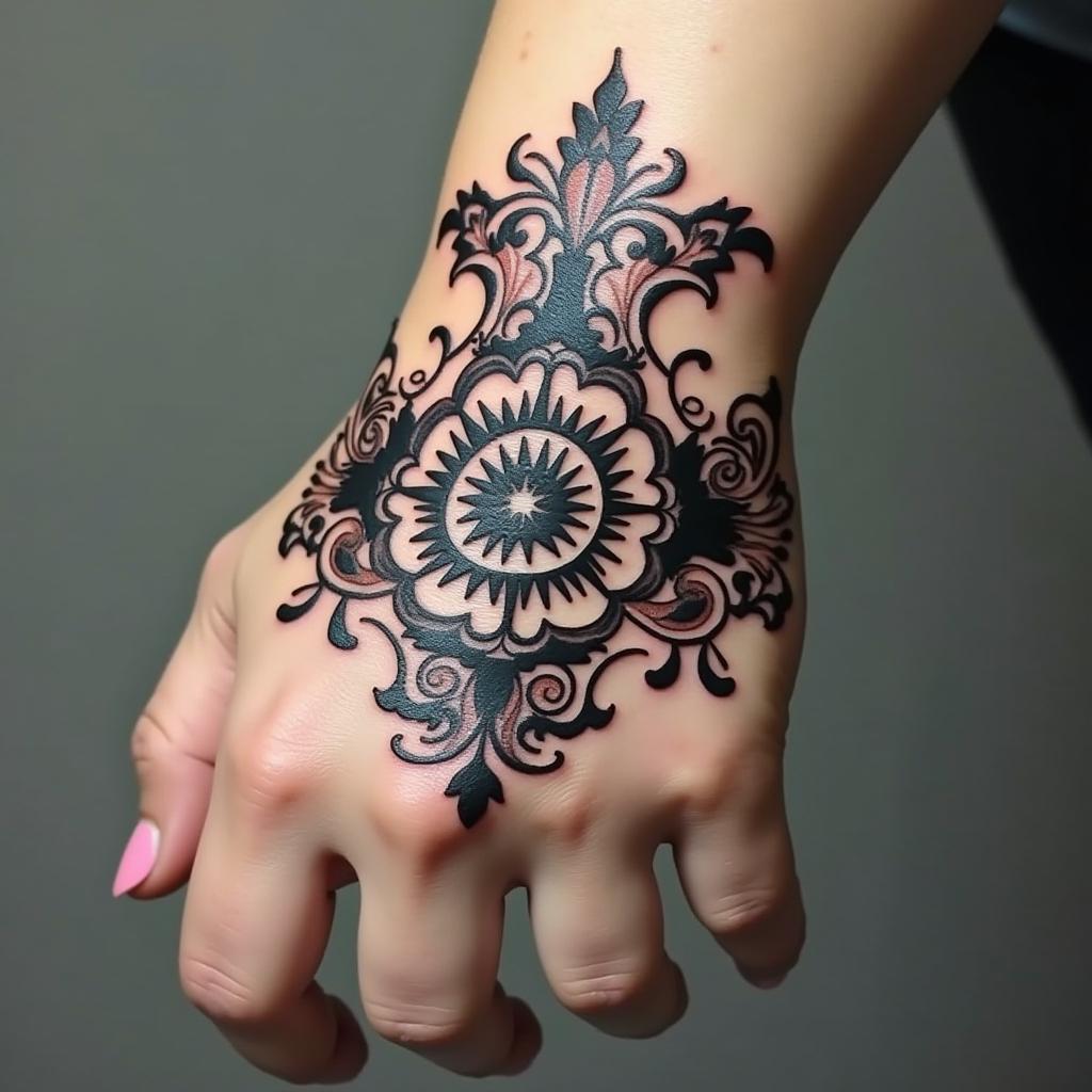 in ornamental tattoo style, featuring intricate symmetrical patterns and floral designs, showcasing highly detailed line work and geometric shapes, creating a sense of elegance and balance - Variation 4