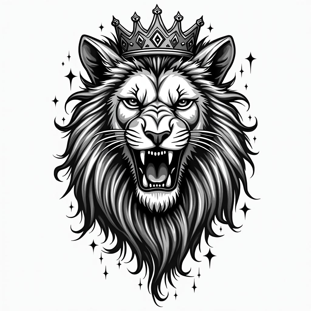Lioness with crown on headin graffiti style tattoo, featuring bold and dynamic street art elements, spray-paint texture with exaggerated lines and expressive, chaotic brushstrokes, intricate lettering incorporated with graffiti tags, symbols like hearts, stars, and wings - Variation 5