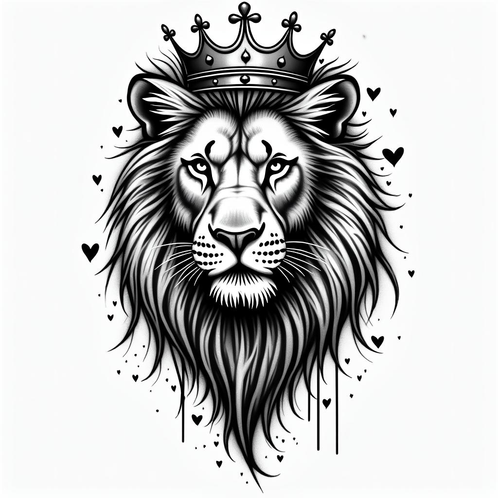 Lioness with crown on headin graffiti style tattoo, featuring bold and dynamic street art elements, spray-paint texture with exaggerated lines and expressive, chaotic brushstrokes, intricate lettering incorporated with graffiti tags, symbols like hearts, stars, and wings - Variation 7