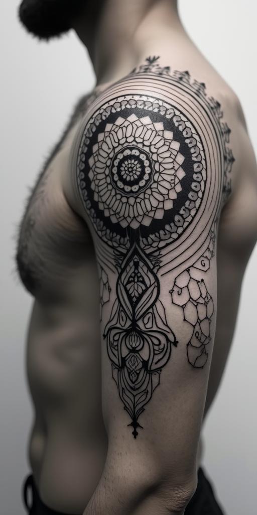 Brain and heart balance in geometric style tattoo, blending hexagons, mandala-inspired patterns, symmetrical and fractal design, clean lines, sharp angles - Variation 3