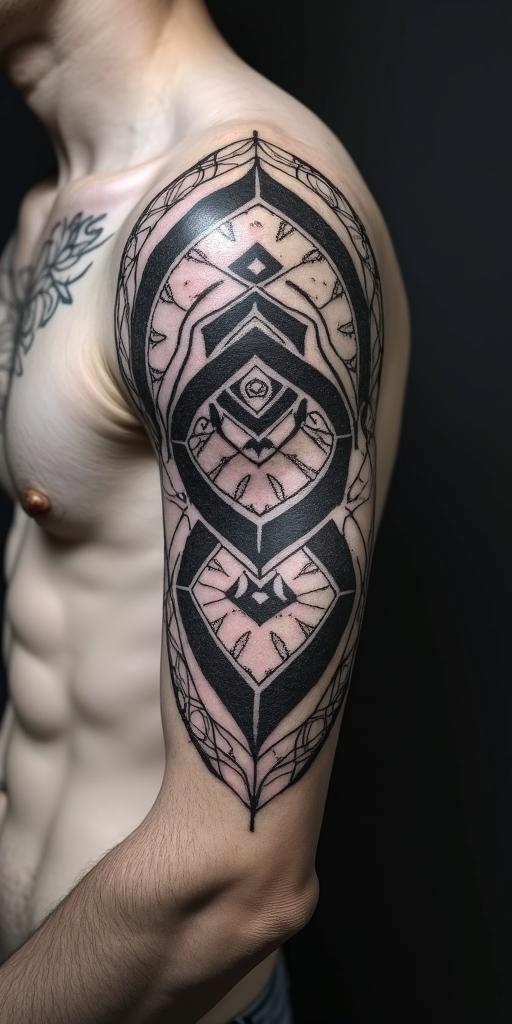 Brain and heart balance  in geometric style tattoo, blending hexagons, mandala-inspired patterns, symmetrical and fractal design, clean lines, sharp angles