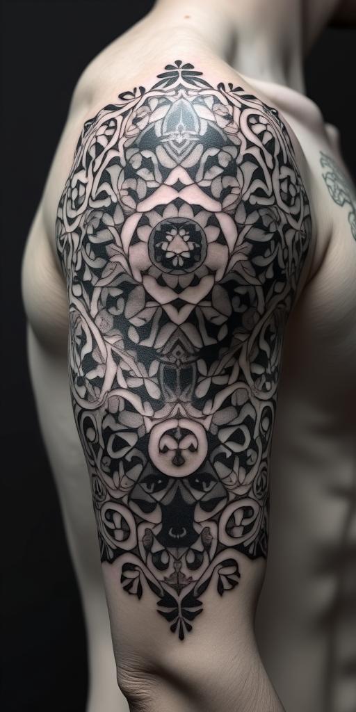 Brain and heart balance in geometric style tattoo, blending hexagons, mandala-inspired patterns, symmetrical and fractal design, clean lines, sharp angles - Variation 4
