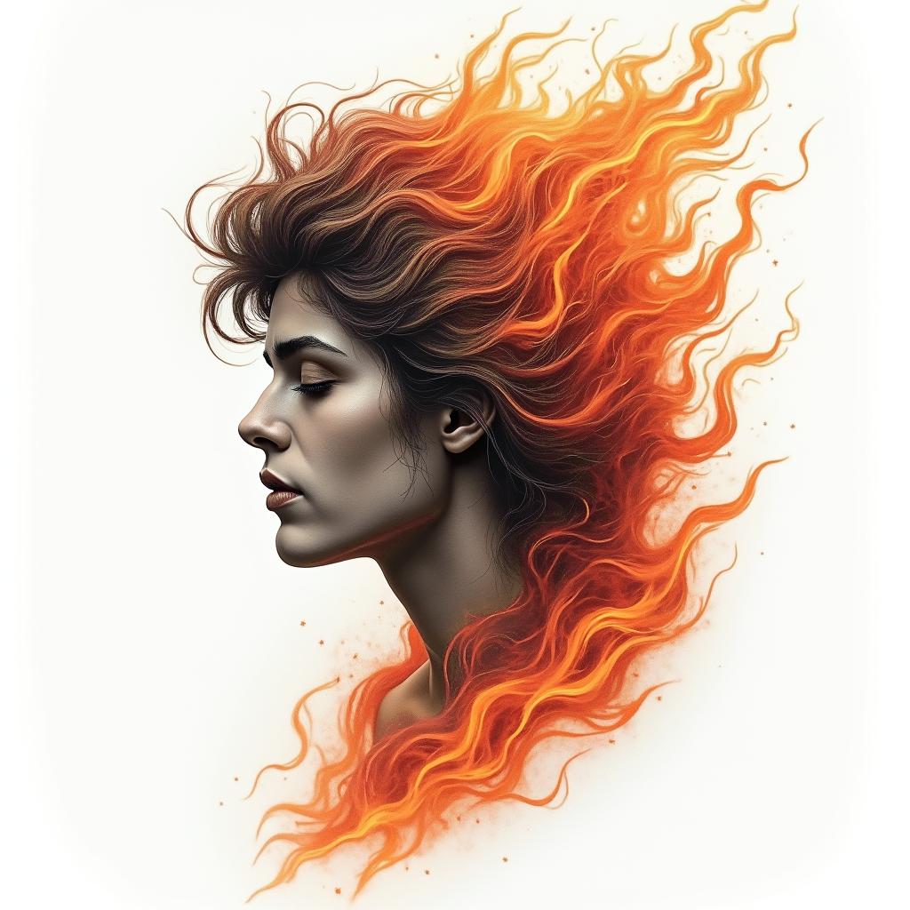 Enrique, Geminiin flame tattoo style showcasing fiery elements with dynamic flame patterns, glowing effect of flames, natural colors - Variation 3