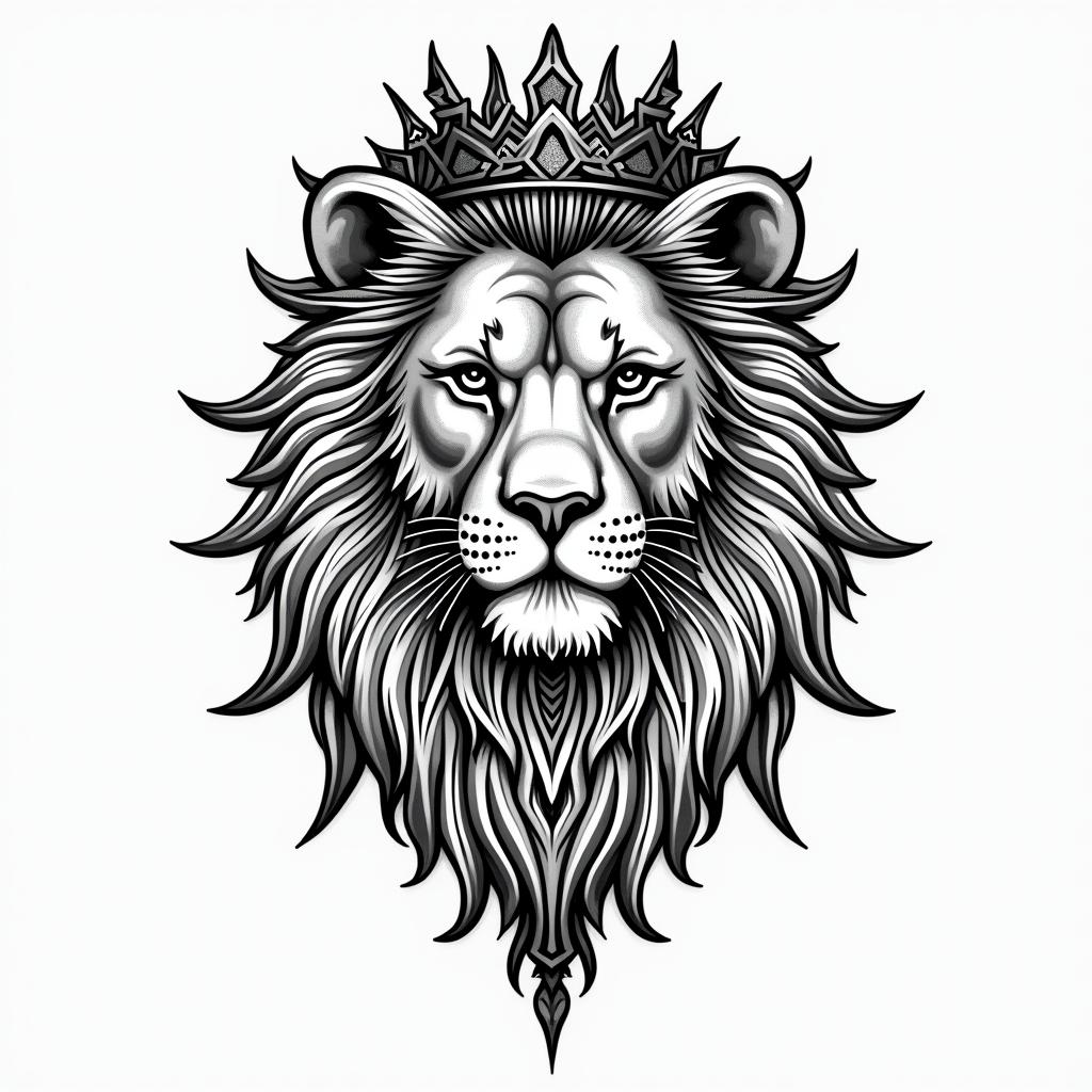 Lioness with crown on headin dotwork style tattoo, complex mandala patterns, interlocking geometric shapes with sharp symmetry, clean lines, sharp angles - Variation 3