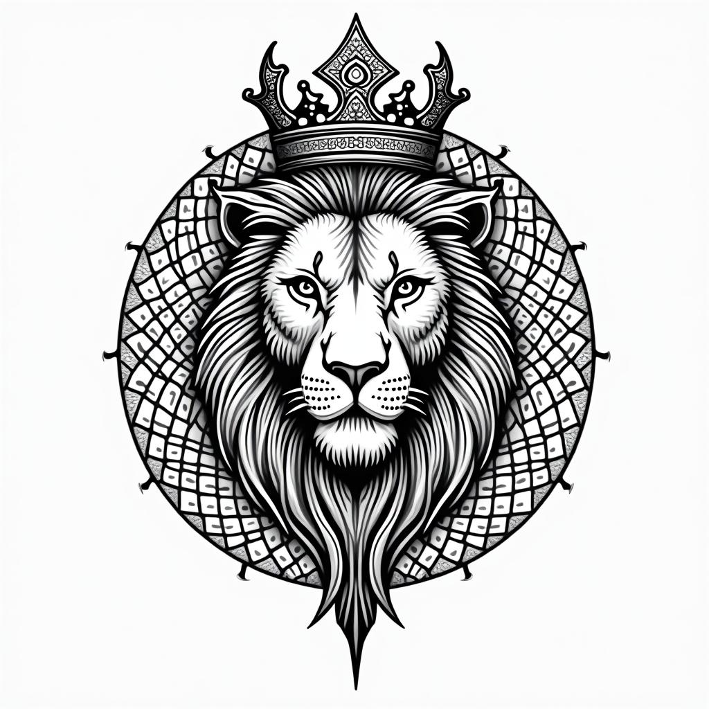 Lioness with crown on headin dotwork style tattoo, complex mandala patterns, interlocking geometric shapes with sharp symmetry, clean lines, sharp angles - Variation 4