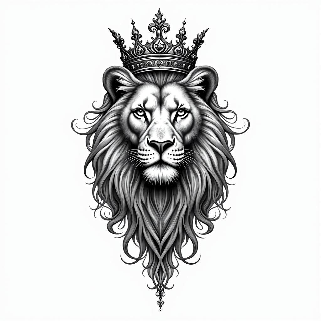 Lioness with crown on headin ornamental tattoo style, featuring intricate symmetrical patterns and floral designs, showcasing highly detailed line work and geometric shapes, creating a sense of elegance and balance - Variation 6