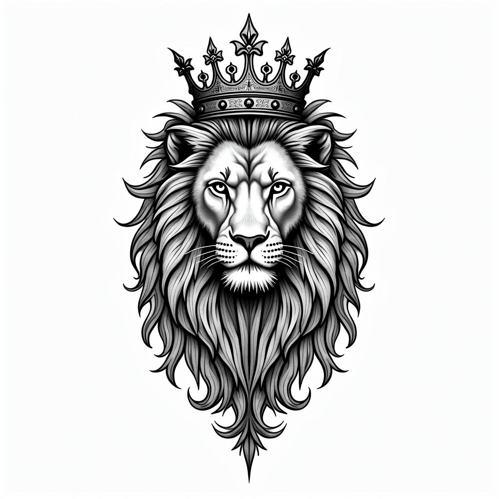 Lioness with crown on headin ornamental tattoo style, featuring intricate symmetrical patterns and floral designs, showcasing highly detailed line work and geometric shapes, creating a sense of elegance and balance - Variation 5