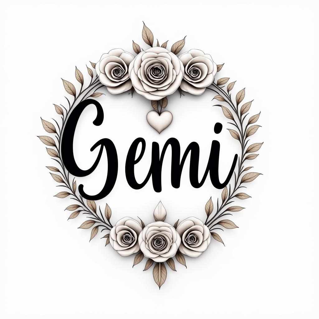 Man, Geminiin elegant cursive calligraphy style 2d tattoo, decorate with roses, featuring a smooth and flowing handwritten script with slightly thickened strokes for a luxurious and bold appearance,  heart symbol between names,  sleek and glossy black text with shadowing, minimalist matte white background, clean and sharp edges, illuminated with soft lighting, romantic, 8k, high-quality textures with refined typography - Variation 4