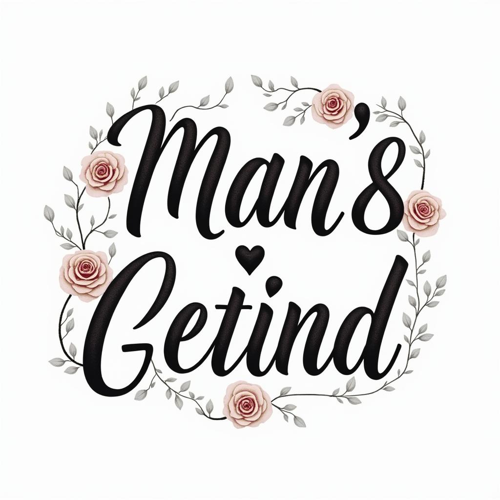 Man, Geminiin elegant cursive calligraphy style 2d tattoo, decorate with roses, featuring a smooth and flowing handwritten script with slightly thickened strokes for a luxurious and bold appearance,  heart symbol between names,  sleek and glossy black text with shadowing, minimalist matte white background, clean and sharp edges, illuminated with soft lighting, romantic, 8k, high-quality textures with refined typography - Variation 3