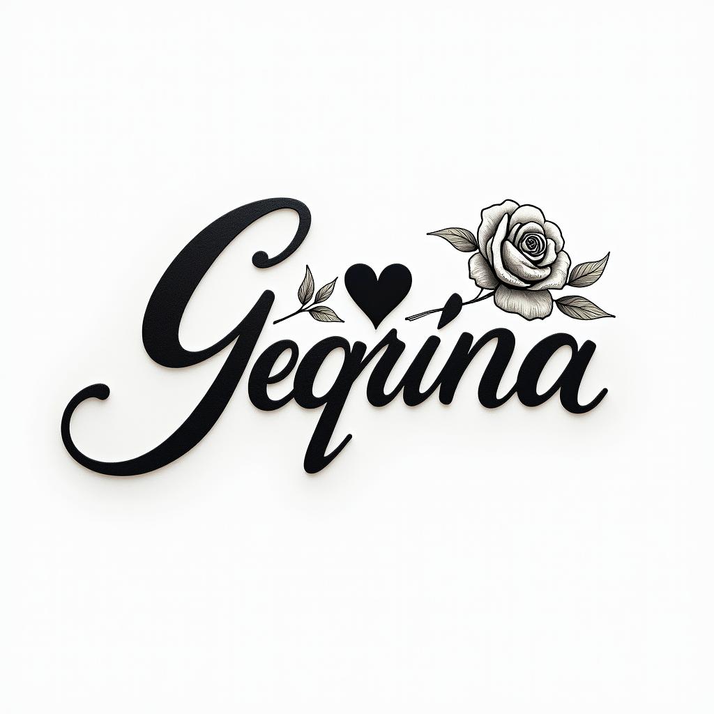Man, Geminiin elegant cursive calligraphy style 2d tattoo, decorate with roses, featuring a smooth and flowing handwritten script with slightly thickened strokes for a luxurious and bold appearance,  heart symbol between names,  sleek and glossy black text with shadowing, minimalist matte white background, clean and sharp edges, illuminated with soft lighting, romantic, 8k, high-quality textures with refined typography