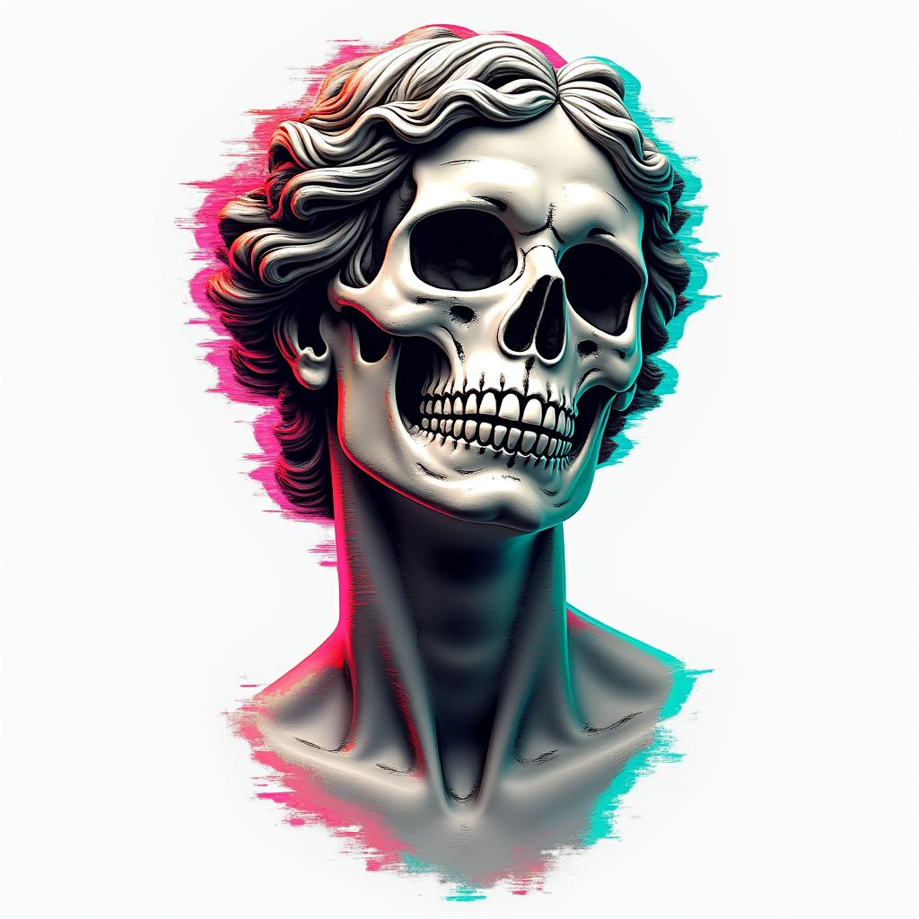 Mask love skull peacein distorted and fragmented tattoo design, featuring a classical statue bust, in a glitch art style with vibrant, overlapping colors of cyan, magenta, and yellow, creating a digital distortion effect - Variation 3