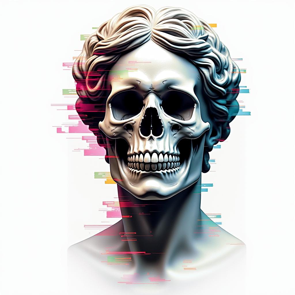Mask love skull peacein distorted and fragmented tattoo design, featuring a classical statue bust, in a glitch art style with vibrant, overlapping colors of cyan, magenta, and yellow, creating a digital distortion effect - Variation 4