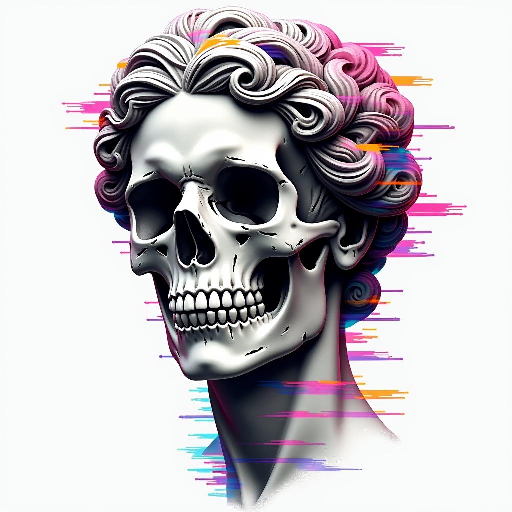 Mask love skull peacein distorted and fragmented tattoo design, featuring a classical statue bust, in a glitch art style with vibrant, overlapping colors of cyan, magenta, and yellow, creating a digital distortion effect - Variation 2