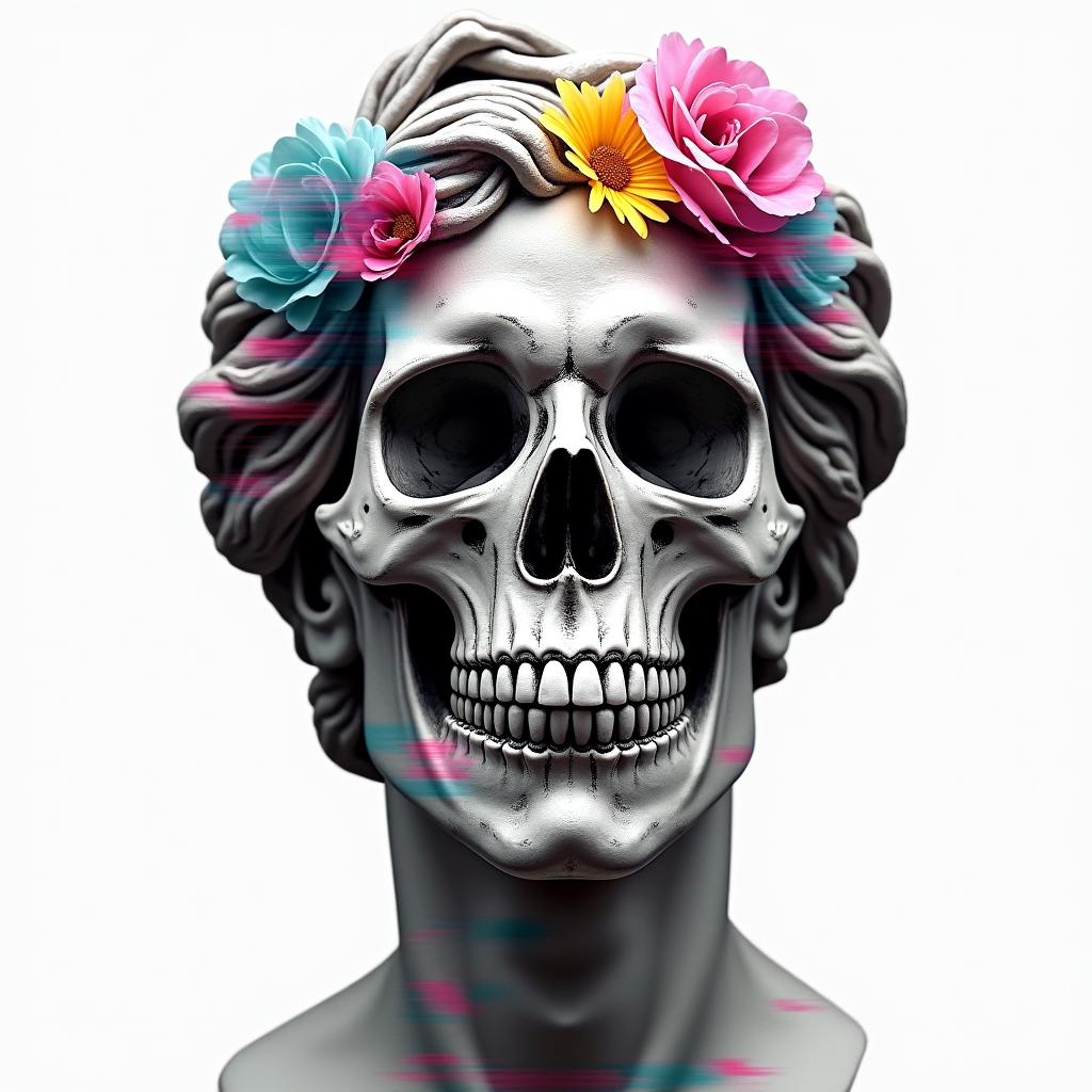 Mask love skull peacein distorted and fragmented tattoo design, featuring a classical statue bust, in a glitch art style with vibrant, overlapping colors of cyan, magenta, and yellow, creating a digital distortion effect