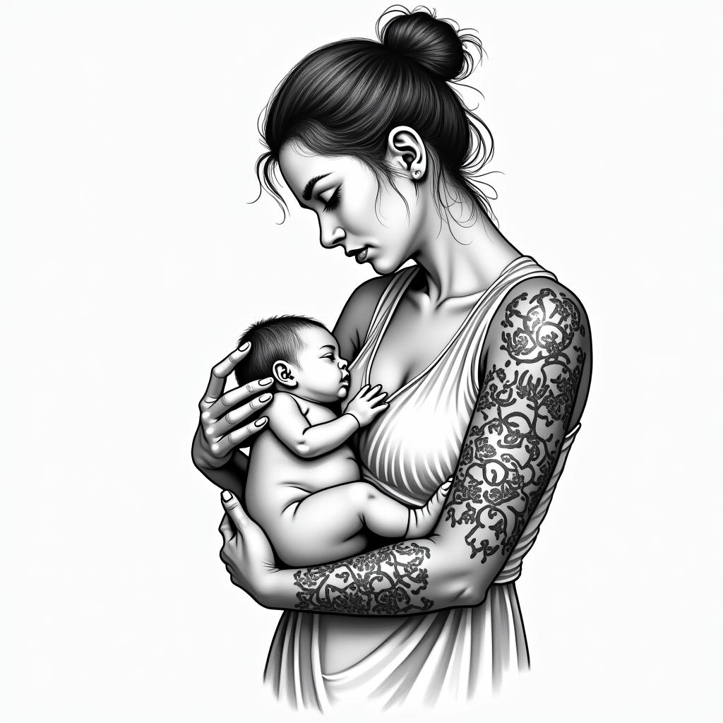 Nursing mother with her baby.in new school tattoo, pop culture, modern, detailed tattoo, illustrative