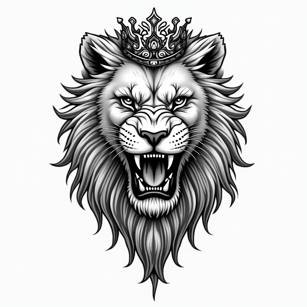 Lioness with crown on headin japanese style tattoo, detailed tattoo, traditional japanese culture tattoo, mythology, 8k